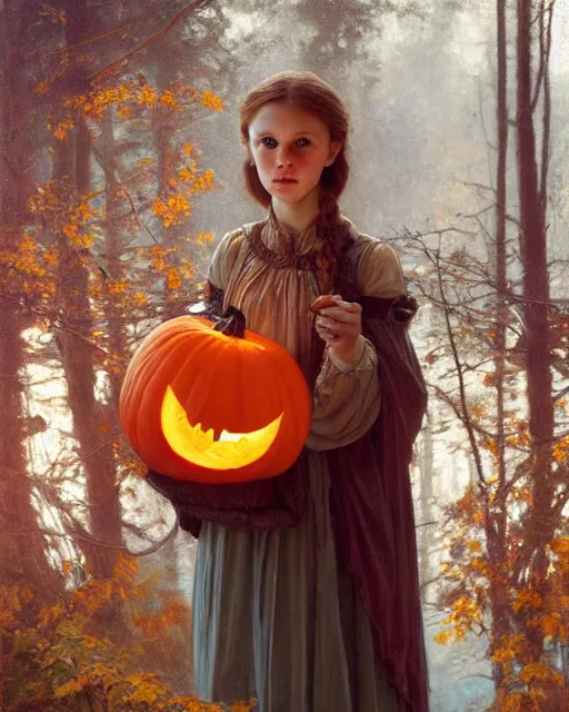 Image similar to a realistic candlelit portrait painting of a thoughtful girl resembling a young, shy, redheaded alicia vikander or millie bobby brown wearing peasant dress carrying a jack - o - lantern in a fall forest at night, highly detailed, intricate, concept art, artstation, by donato giancola, alphonse mucha, and william bouguereau