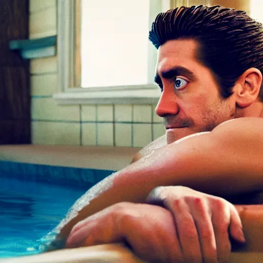 Prompt: move poster cinestill of Jake Gyllenhaal sitting in a hot tub in the movie Waiting for Kristin