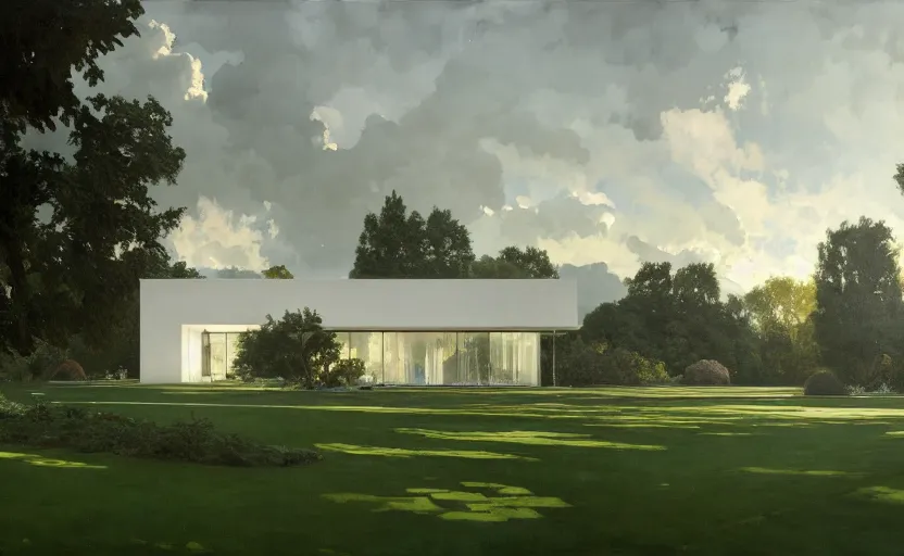 Image similar to painting of a wide angle exterior shot of a white modern architecture in the middle of an english garden with cinematic lighting by peter zumthor and renzo piano, darek zabrocki and greg ruthkowski, alphonse mucha, simon stalenhag and cinematic and blue cold atmospheric, archillect concept art, artstation, trending on artstation