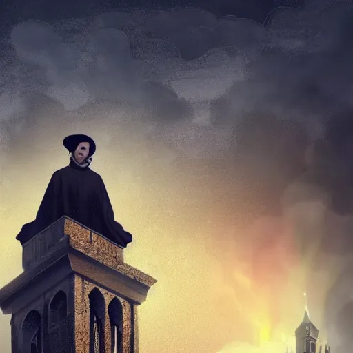 Image similar to Close-up of a terrified catholic priest in his twenties fervently praying at the top of a medieval tower. He is looking horrified as a yellow shadow descends upon him from the night sky. Dramatic lighting. Award-winning digital art, trending on ArtStation