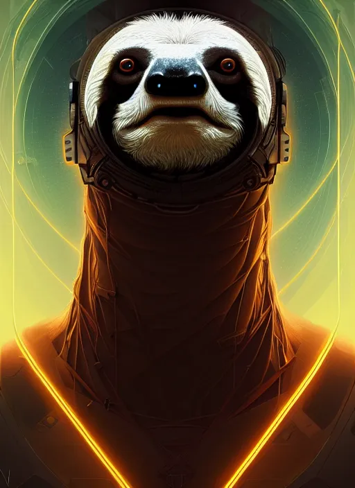 Image similar to symmetry!! portrait of a sloth, sci - fi, tech wear, glowing lights!! intricate, elegant, highly detailed, digital painting, artstation, concept art, smooth, sharp focus, illustration, art by artgerm and greg rutkowski and alphonse mucha