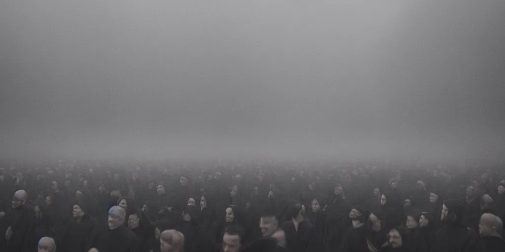 Image similar to A very big crowd of people wearing black robes and staring at the camera, eerie, scary, haunting, cinematic, mist, fog, photography