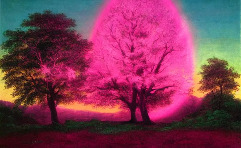 Image similar to a tree made of spiritual pink light painted by thomas cole