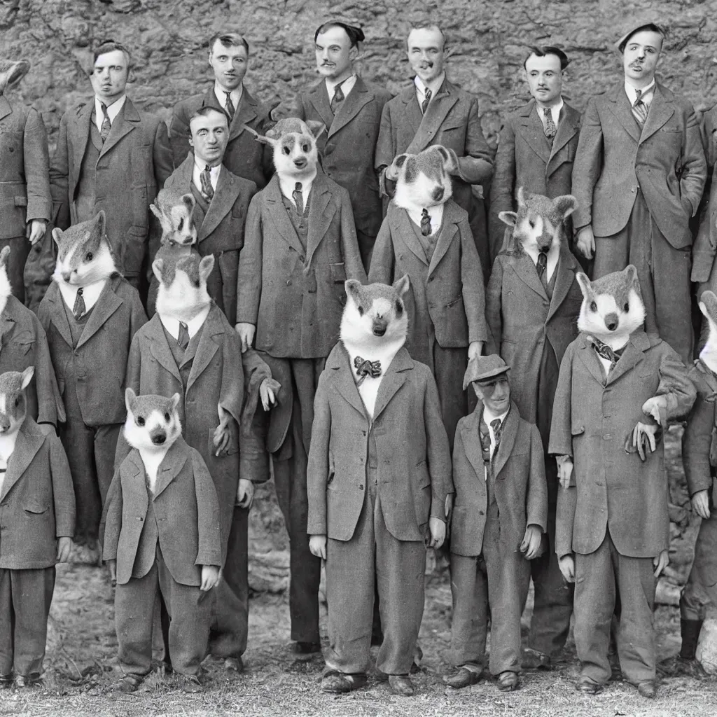 Image similar to a group of badgers in 1 9 4 0 s suits, standing upright like people, anthropomorphic, style of beatrix potter, rendered as a highly detailed photograph