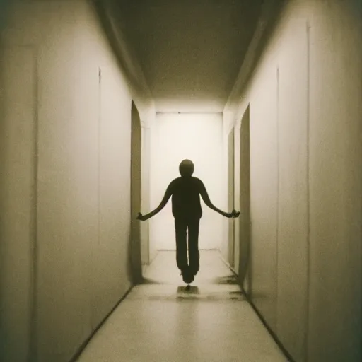 Prompt: Photograph of a long dark hallway with a mannequin smiling, dust in the air, liminal space, SCP, taken using a film camera with 35mm expired film, bright camera flash enabled, award winning photograph, sleep paralysis demon crabwalking towards camera, creepy, liminal space, in the style of the movie Pulse