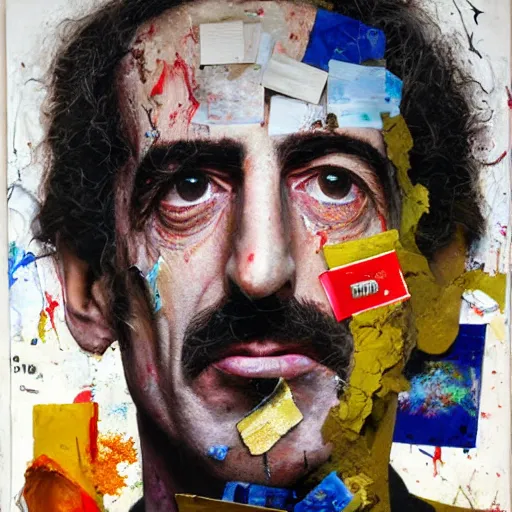 Image similar to hyperrealistic, photorealistic, mixed media oil painting of frank zappa, magazine scraps, plaster, blood, oil, mustard, cigarettes, splatter, trending on artstation, award - winning painting, greg rutkowski, basquiat, david lynch, ralph steadman, terry gilliam