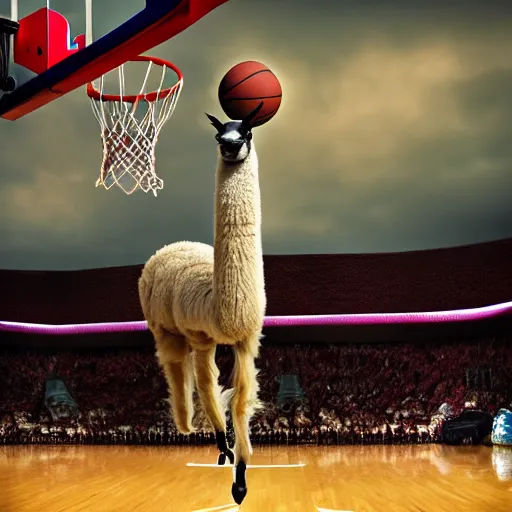 Image similar to a photo of a llama dunking a basketball, 4 k, photography, high resolution