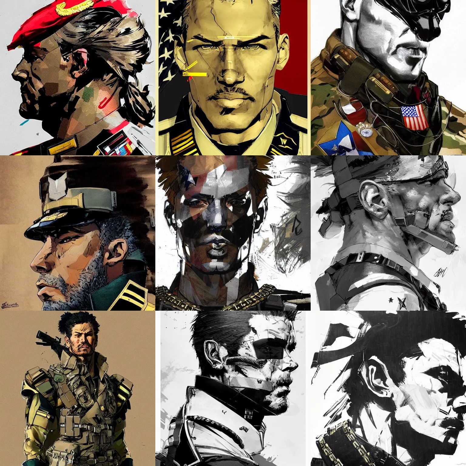 Prompt: a beautiful side portrait of the us army captain. he is full of medals. american uniform. art by yoji shinkawa and sandra chevrier, trending on artstation, award - winning, perfect composition.