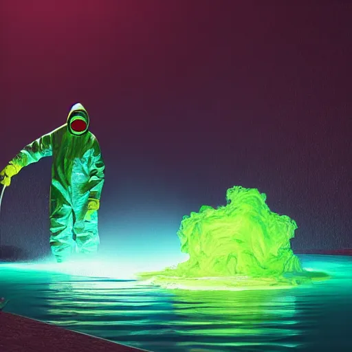 Prompt: a man in a yellow hazmat suit pours glowing green liquid into a magical river, photorealistic painting, concept art, rendering, octane, redshift, cinematic composition, volumetric lighting