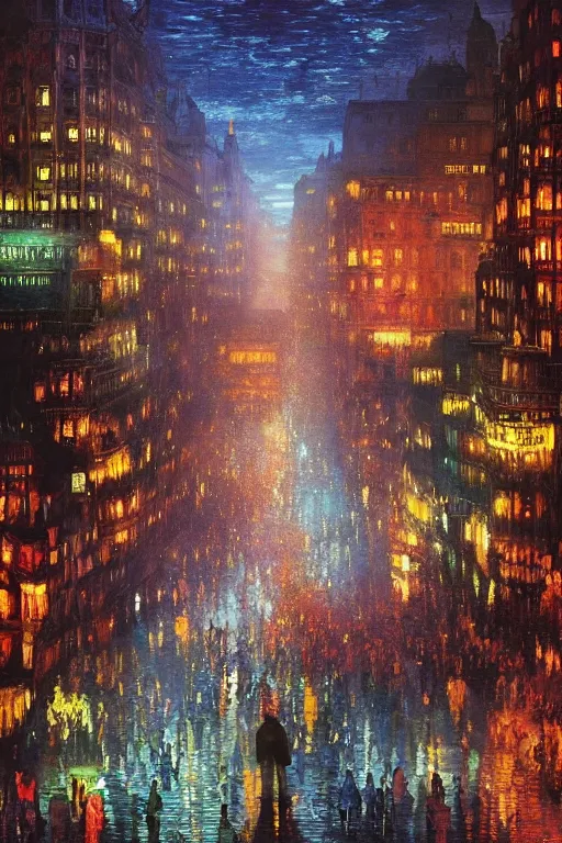 Image similar to the crowned king in disguise, looking down on the crowded streets of the city of blood and prisms, night skies, dramatic light, hyperrealistic, colorful skies, digital art, vray, john atkinson grimshaw, leonid afremov, wayne barlowe