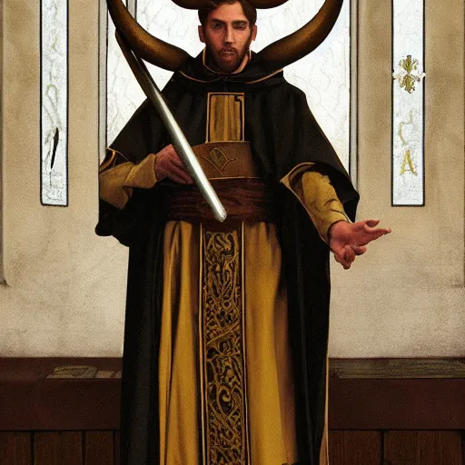 Prompt: an extremely detailed tarot card of a horned demon christian cleric, tiefling from d & d, fantasy, dressed in a catholic priest's cassock, fantasy tavern background, 4 k, artstation, detailed, realistic, by alphonse mucha and greg rutkowski