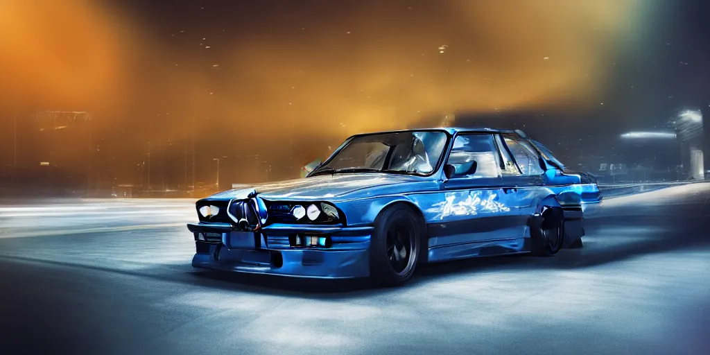 Image similar to a design of a bmw e30, designed by Polestar, blade runner background, iridescent blue car paint, wrapped in gold lead, black windows, dramatic lighting, hyper realistic render, depth of field, 8k, rendered in octane