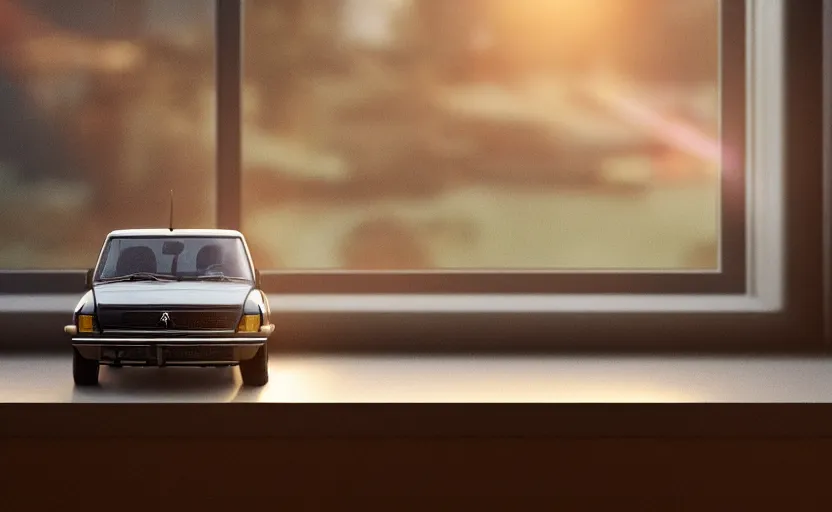 Image similar to a miniature of a Peugeot 309 Vital on a bookshelf near a window at sunset, DOF, octane render, unreal engine 5, godrays, complementary colors, calm, symmetrical, highly detailed, high quality, 4k, beautiful, hyperrealistic