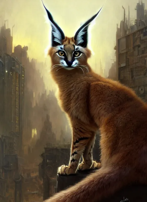 Prompt: a cute fluffy caracal, in postapocalypse city, diffuse lighting, fantasy, intricate, elegant, highly detailed, lifelike, photorealistic, digital painting, artstation, illustration, concept art, smooth, sharp focus, art by john collier and artem demura and albert aublet and krenz cushart and alphonse mucha