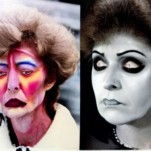 Image similar to an older woman with incredibly heavy 1 9 8 0 s makeup, movie still