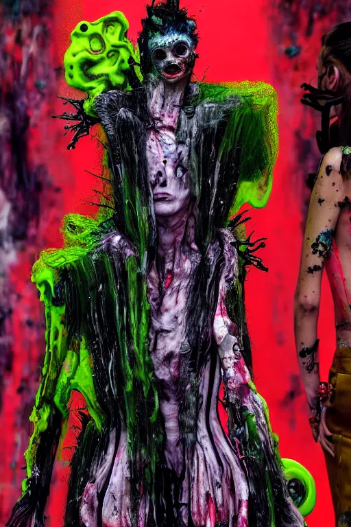 Image similar to crazy fashion catwalk, one model, crazy clothes, biopunk style, horror, clothes look like slime, hauntingly surreal, highly detailed painting by francis bacon, edward hopper, adrian ghenie, gerhard richter, and james jean soft light 4 k,