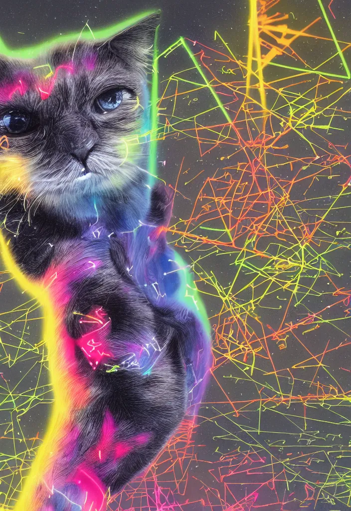 Prompt: cfa champion dark tortie scottish fold cat, cute feet long tail, perfect geometry brazier data visualization mathematical diagrams hologram overlay revealing calculations sparrows flight trajectory, detailed annotated painting, grisaille dark monochrome with neon fluorescent color airbrush spraypaint accents, by jules julien, wes anderson, lisa frank, basquiat, octane render 4 k