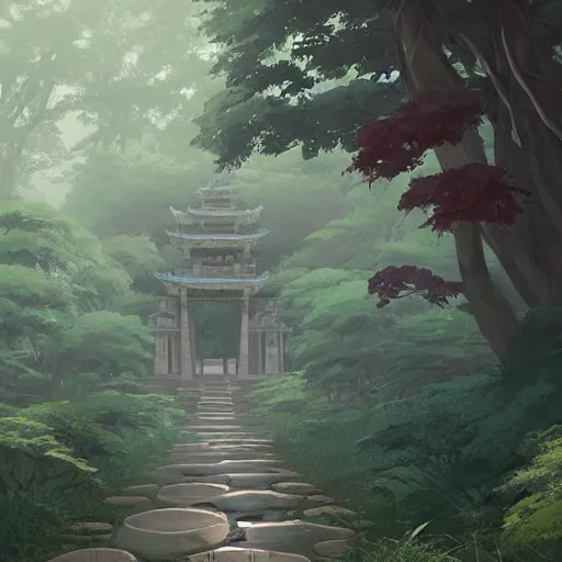 Image similar to concept art by sylvain sarrailh of an stone path leading to an abandonned asian temple, asiatic forest, studio ghibli