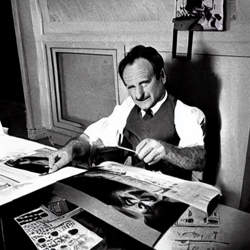 Prompt: Robin Williams printing papers by Salvador Dali