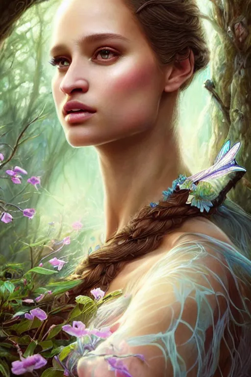 Prompt: hyper - realistic, gorgeous!!! woman resembling alicia vikander as a fairy princess in the woods, elegant, cute, divine aura, nature goddess, dungeons and dragons, intricate, highly detailed, artstation, digital painting, character design, concept art, illustration, sharp focus, art by artgerm & jeehyung lee & wlop