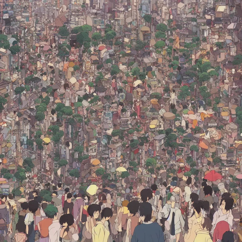 Image similar to Still from Studio Ghibli movie 'Lost in Crowded Tokyo', very detailed, focused, colorful, artstation