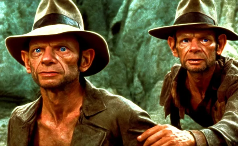 Prompt: a cinematic still of gollum as indiana jones in in indiana jones and the last crusade ( 1 9 8 9 ),