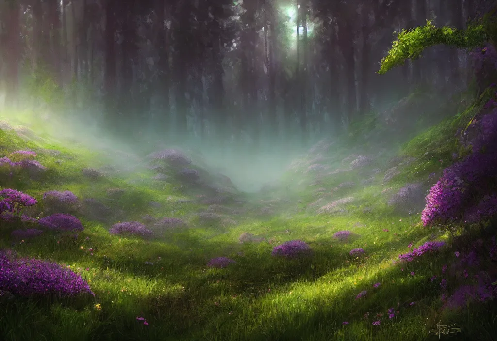 Image similar to a flowering meadow a forest behind it, no purple, epic alien fantasy, detailed, intricate, digital painting, concept art, realistic, smooth, focus, rim light