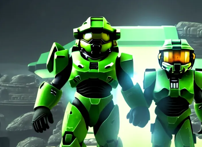 Prompt: marioand masterchief!!!!!!! in 3 d video game screenshot!!! from the new master chief video game mario halo master chief