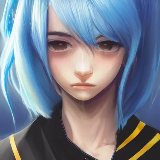 Prompt: profile shot of rimuru tempest averting his gaze, sky blue hair, straight hair, pretty, long bangs, amber eyes, all black jacket with white stripes, high collar | highly detailed, unreal engine 5, color block, digital painting, concept art, cinematic, wlop | artgerm, pixiv, greg rutkowski, ilya kuvshinov