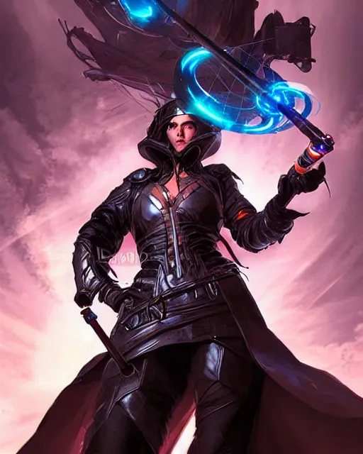 Image similar to A witch wielding a futuristic power staff, digital apex legends illustration portrait, gorgeous lighting, wide angle action dynamic portrait, perspective shot, art by Aleksi Briclot,