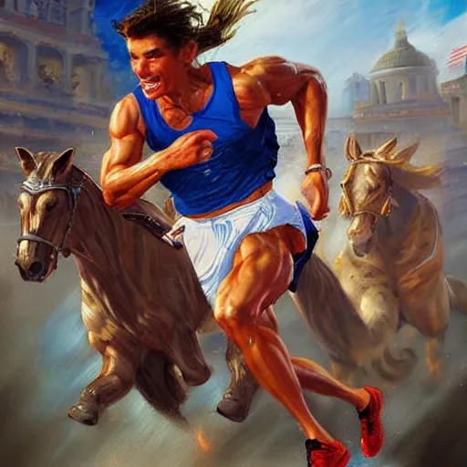 Image similar to portrait of a olympic games champion running, an oil painting by ross tran and thomas kincade