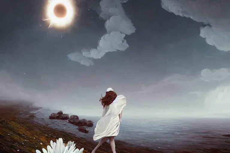 Image similar to giant white daisy flower under the head, girl walking on cliff, surreal photography, solar eclipse, milky way, dramatic light, impressionist painting, clouds, digital painting, artstation, james gilleard, liam wong, jeremy mann, simon stalenhag