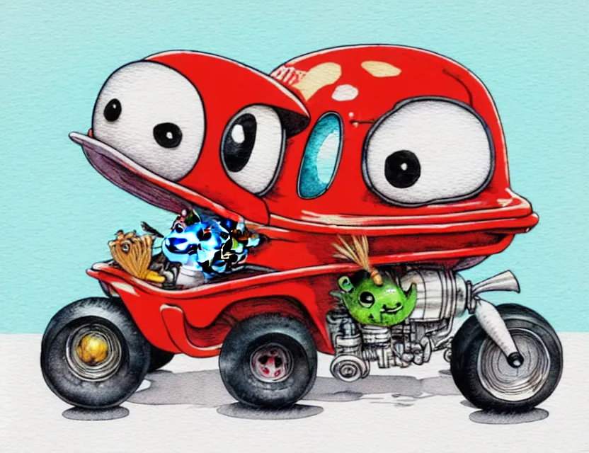 Image similar to cute and funny,'racoon wearing a red helmet'riding in a tiny hot rod with oversized engine, ratfink style by ed roth, centered award winning watercolor pen illustration, isometric illustration by chihiro iwasaki, edited by range murata, tiny details by artgerm and watercolor girl, symmetrically isometrically centered