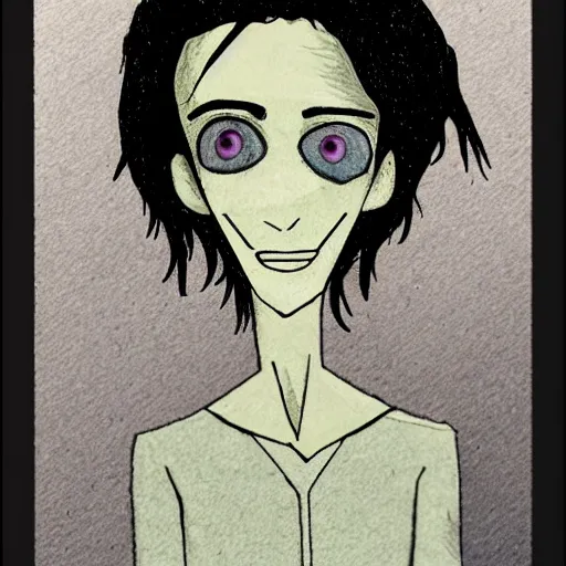 Image similar to young man portrait, black hair, skinny, sleep deprived, corpse bride art style