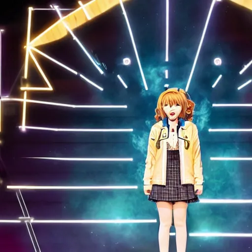 Prompt: chiaki nanami, a japanese girl with light hair in a bob that curls outward, a galaga hairpin, a dark turquoise hoodie, and a kind face stars in a broadway show, chiaki nanami from danganronpa, proshot getty images fullbody stage lights, gamer themed, professional photography