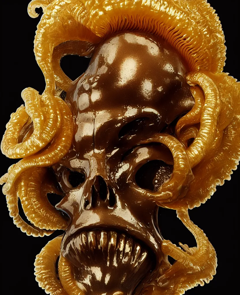 Image similar to black background. goddess princess face close-up portrait ram skull. sculpture made of gold and brilliants. jellyfish phoenix head, nautilus, orchid, skull, betta fish, bioluminiscent creatures, intricate artwork by Tooth Wu and wlop and beeple. octane render, trending on artstation, greg rutkowski very coherent symmetrical artwork. cinematic, hyper realism, high detail, octane render, 8k