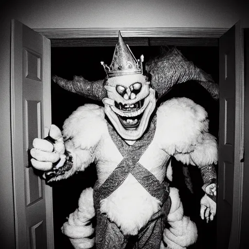 Prompt: grainy photo of a king bowser as a creepy monster in a closet, harsh flash