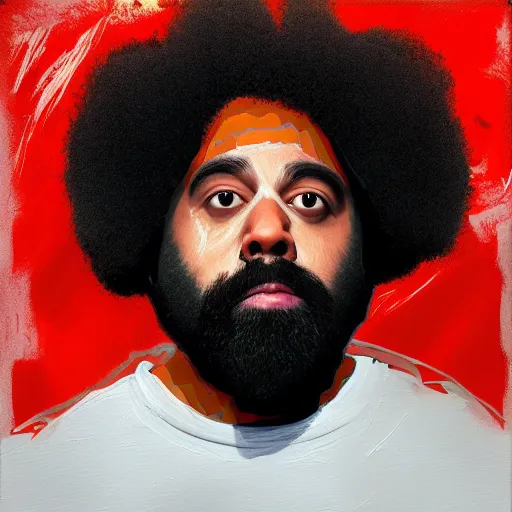 Image similar to reggie watts face on buffalo, painting