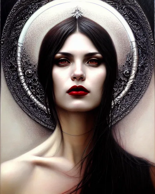 Image similar to portrait of a beautiful goddess, enigmatic beauty, dominant shades of black, silver, dark red, white, head in focus, fantasy art, ornamental aesthetics, intricate, elegant, highly detailed, hyperrealistic painting, artstation, concept art, painterly, sharp focus, illustration, art by karol bak