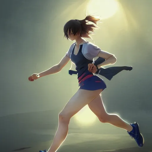 Image similar to girl running, sport clothing, anime style, short hair, hair down, symmetrical facial features, shoulder eyes, from arknights, hyper realistic, 4 k, rule of thirds, extreme detail, detailed drawing, trending artstation, realistic lighting, by alphonse mucha, greg rutkowski, sharp focus, backlit