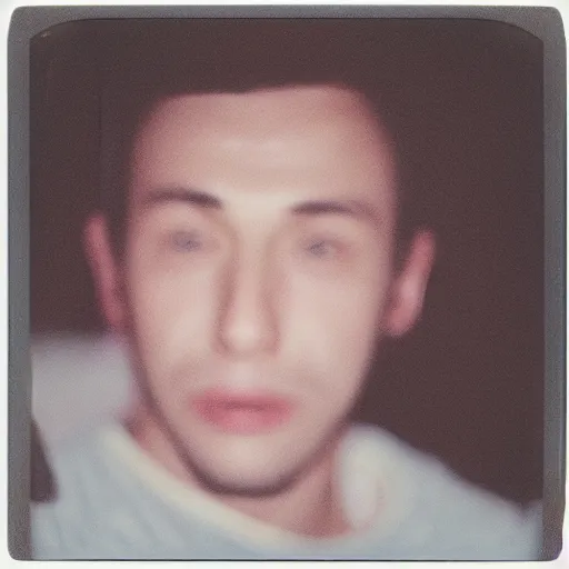 Prompt: soft polaroid photo of man that just woke up and lying in his bed, cinestill 800t