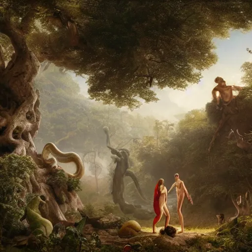 Image similar to God angy in the Garden of Eden. Adam and Eve look very guilty and the snake is leaving the scene quietly - Matte painting , detailed painting, made by Greg Rutkowski, 4k resolution, atmospheric, breathtaking