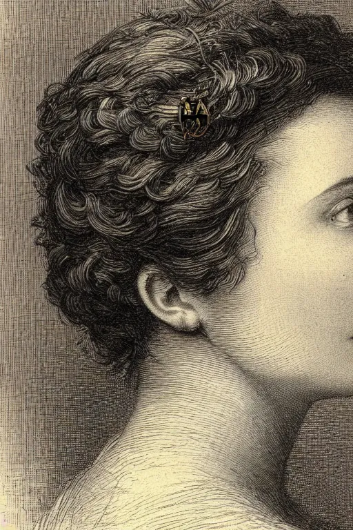 Image similar to extreme close-up, portrait of a beautiful french woman from behind with a wreath, Gustave Dore lithography