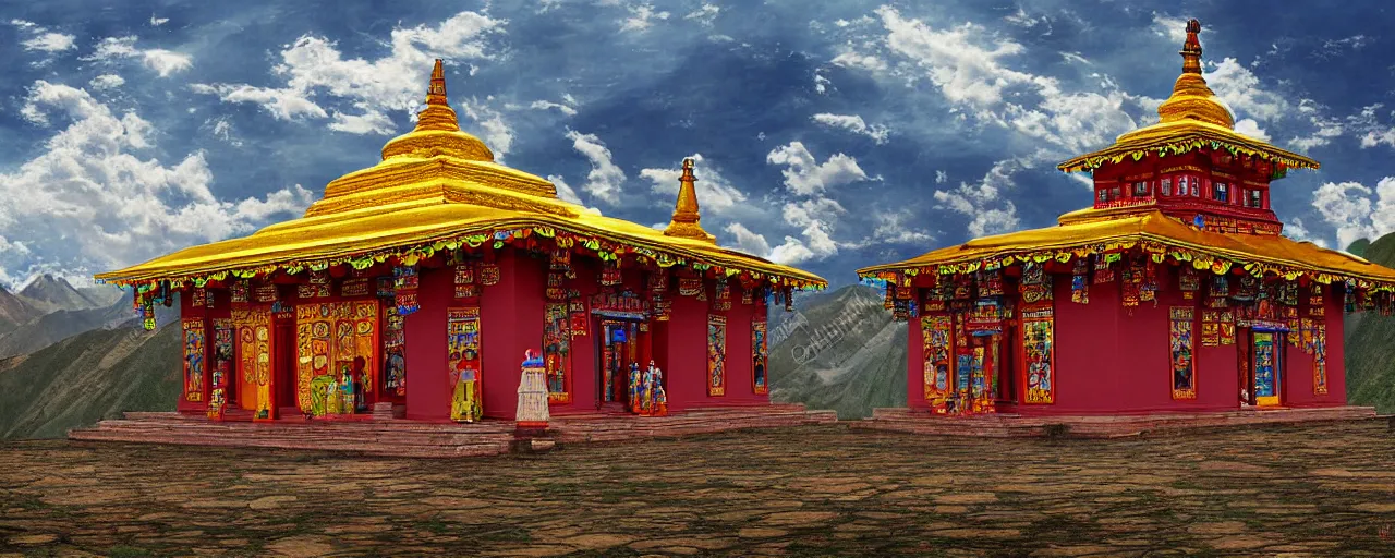 Prompt: Tibetan temple in the mountains, digital art, detailed