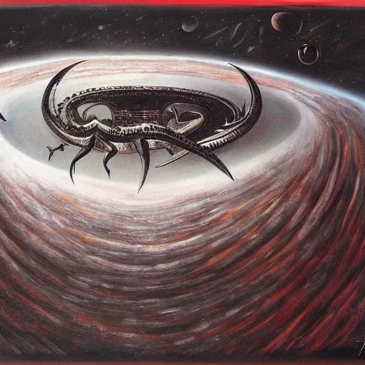 Image similar to painting by h. r. giger, menacing dragon soaring above the clouds, blackhole sun, dark undertones, exodus of the stars