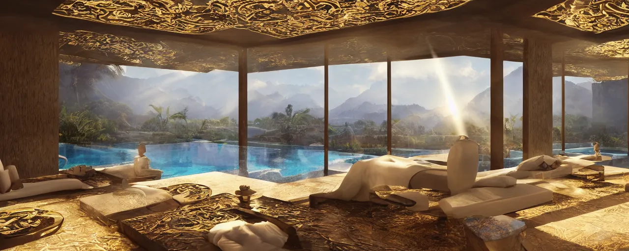 Image similar to surreal hyper luxury spa with intricate golden details with view to arid mountains and palm forest, god rays, light ray beam, candles, ultra detailed, photorealism, sharp focus, volumetric light, global illumination