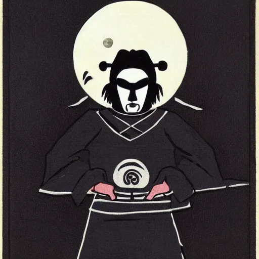 Prompt: a samurai with a yin yang mask and the power of the moon