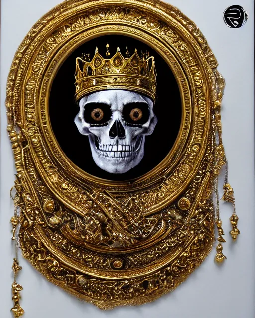 Prompt: realistic portrait of a king of bones, dark, gold, silver ornaments, facing camera, photo realistic, detailed, 1 4 5 0, delicate, hyper realism, ultra realistic, 8 k