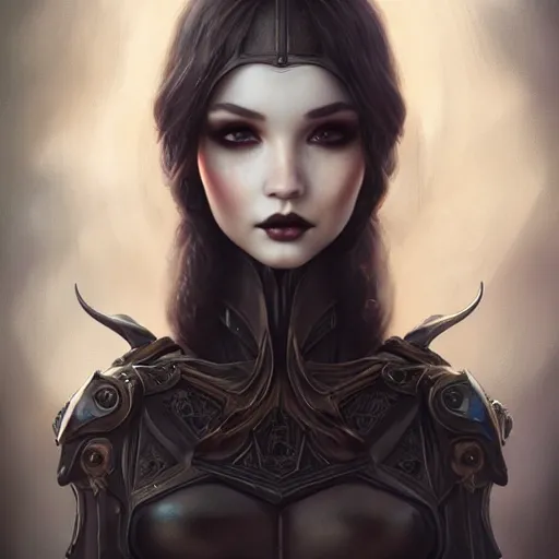 Prompt: tom bagshaw, very beautiful genetic mix of dove cameron madison beer bella poarch in a dark fantasy warrior splendid armor, ornaments, thin gothic makeup, professionally retouched, focus eyes, ultra realistic soft painting, insanely detailed linework, symmetrical accurate intricate features, behance artstation, 8 k