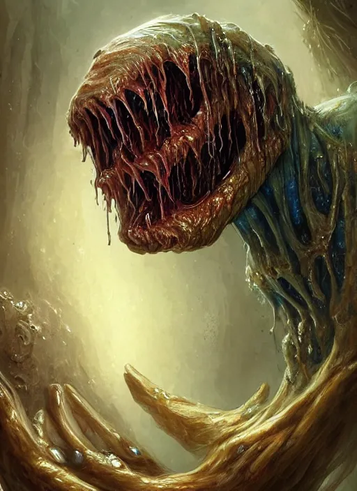 Prompt: digital painting of a wet smily undead drowned monster, with translucent and weiny skin, long freaky finger, by filipe pagliuso and justin gerard, fantasy, highly detailed, realistic, intricate, glowing eyes